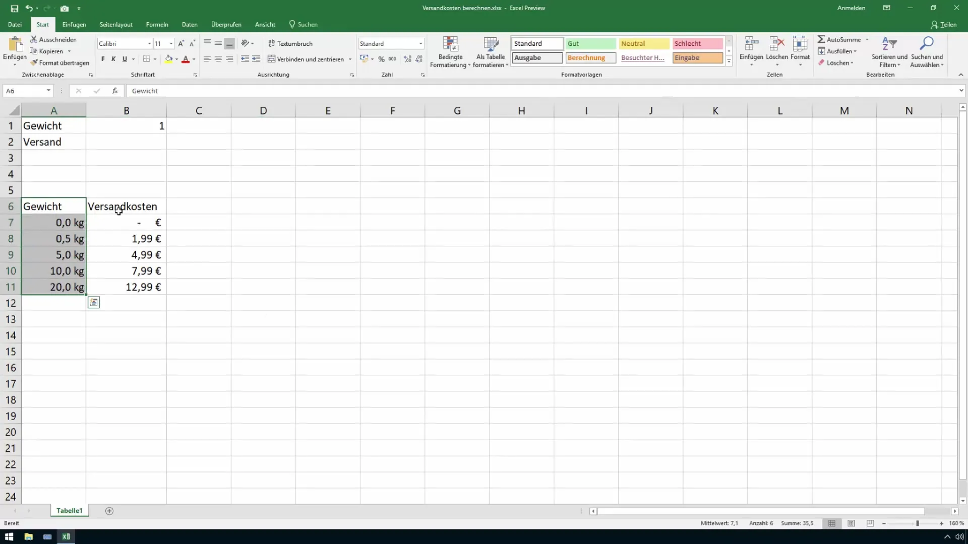 Excel'de nakliye maliyetlerini hesaplamak için SVERWEIS'i kullanın