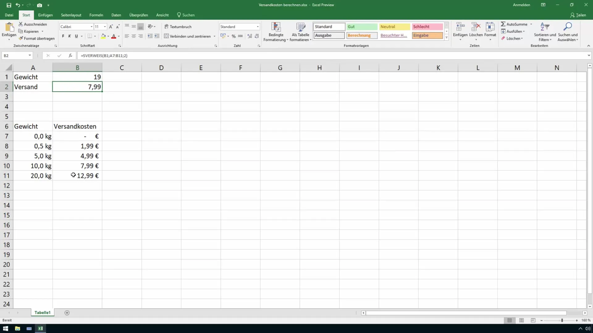 Excel'de nakliye masraflarını hesaplamak için SVERWEIS'i kullanın