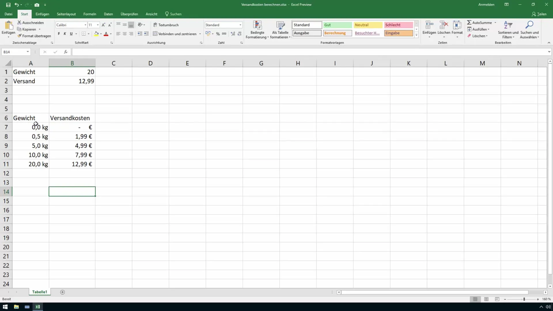 Calculer les frais d'expédition dans Excel - utiliser VLOOKUP