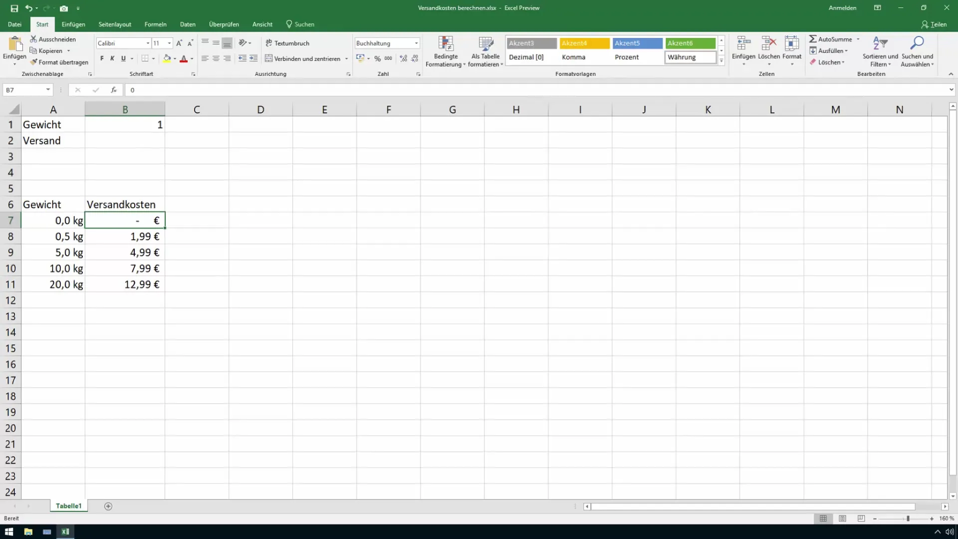 Excel'de kargo ücretlerini hesaplamak için SVERWEIS kullanın