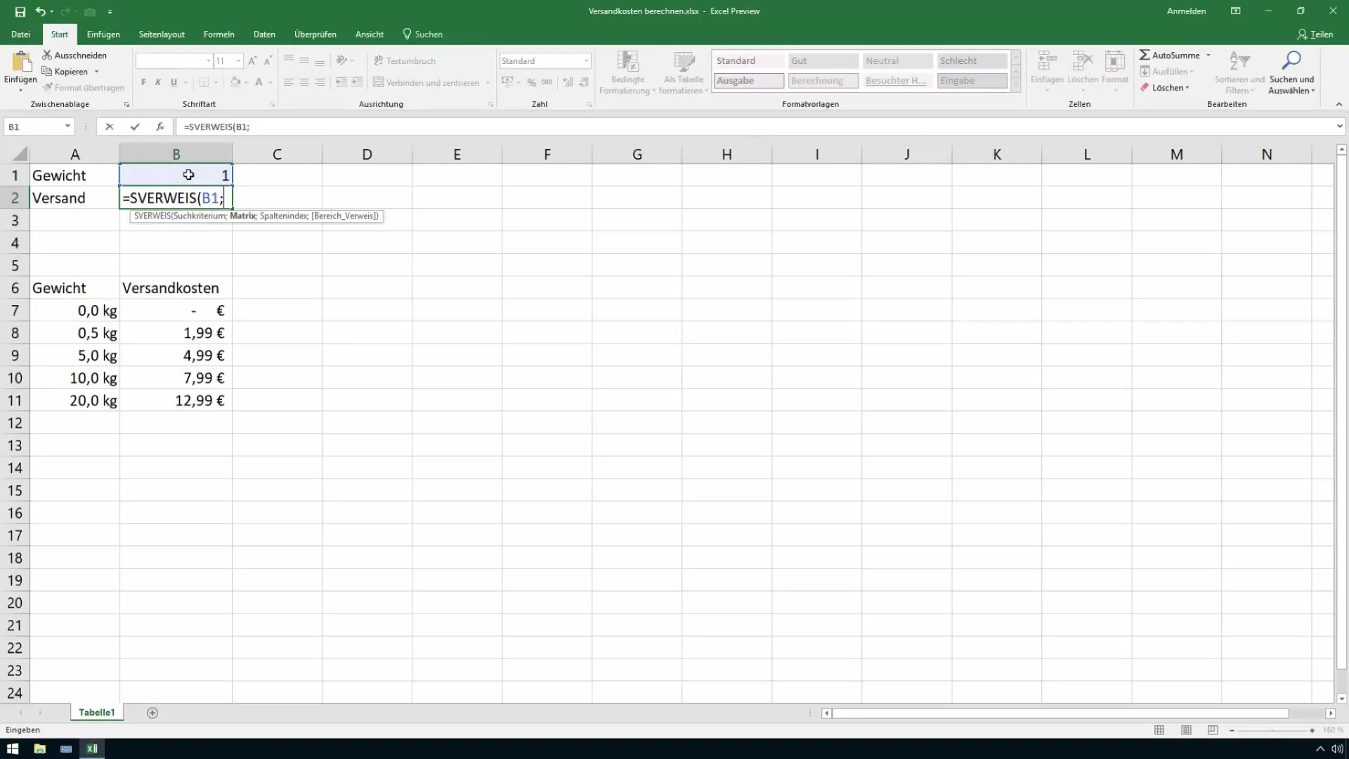 Calculate shipping costs in Excel - use VLOOKUP