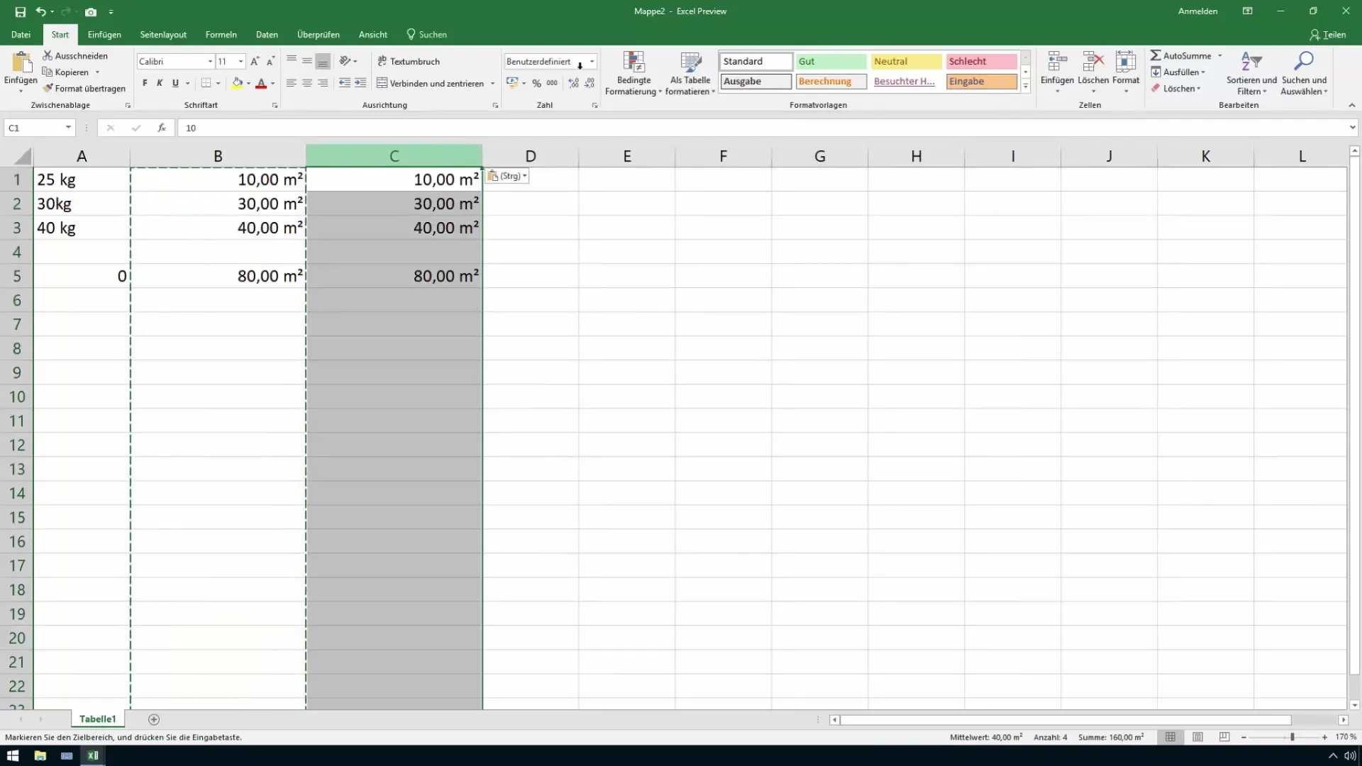 Formatage efficace d'Excel pour les mètres carrés et les mètres cubes