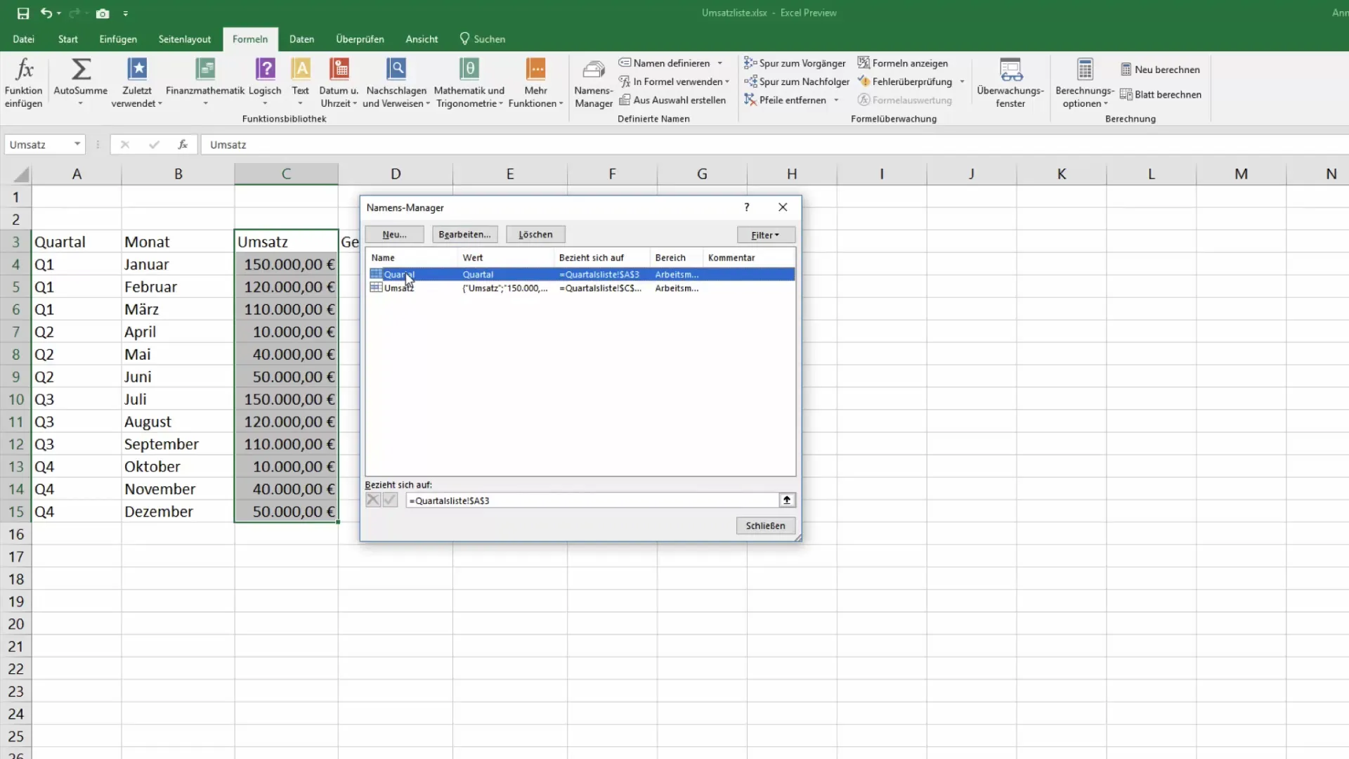 Use cell names in Excel for better overview