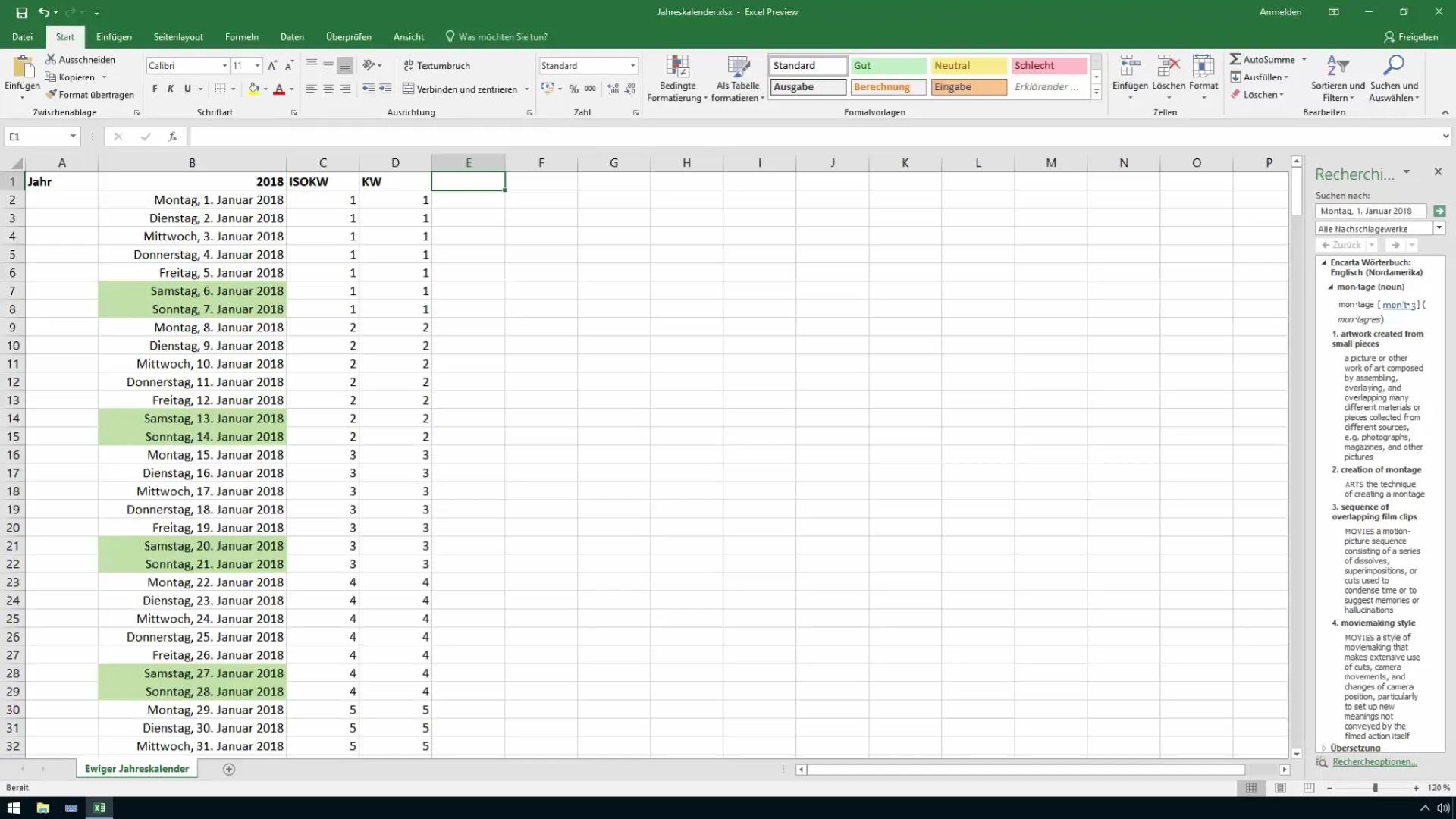 Membuat minggu kalender Excel dengan benar