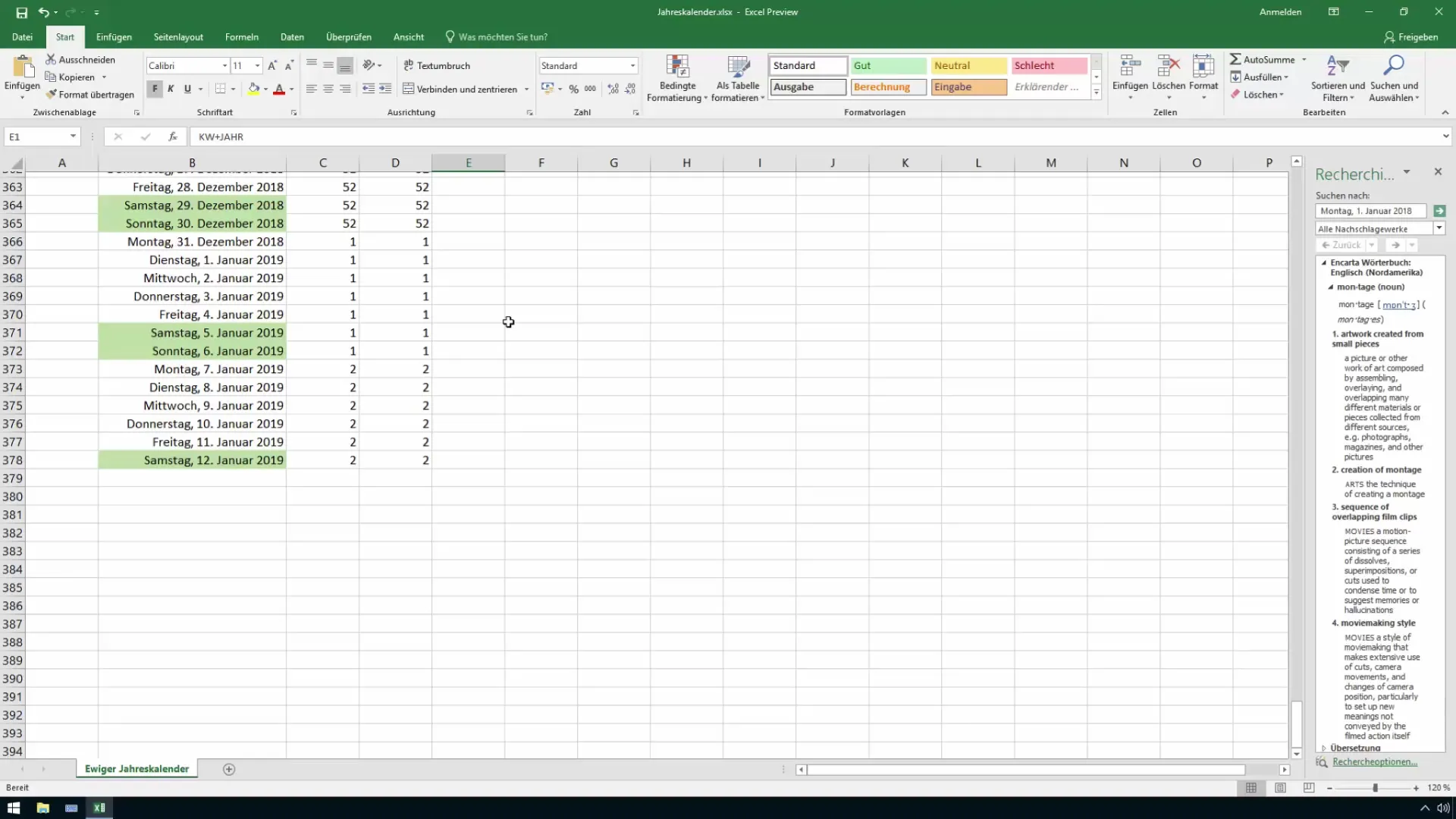 Membuat minggu kalender Excel dengan benar