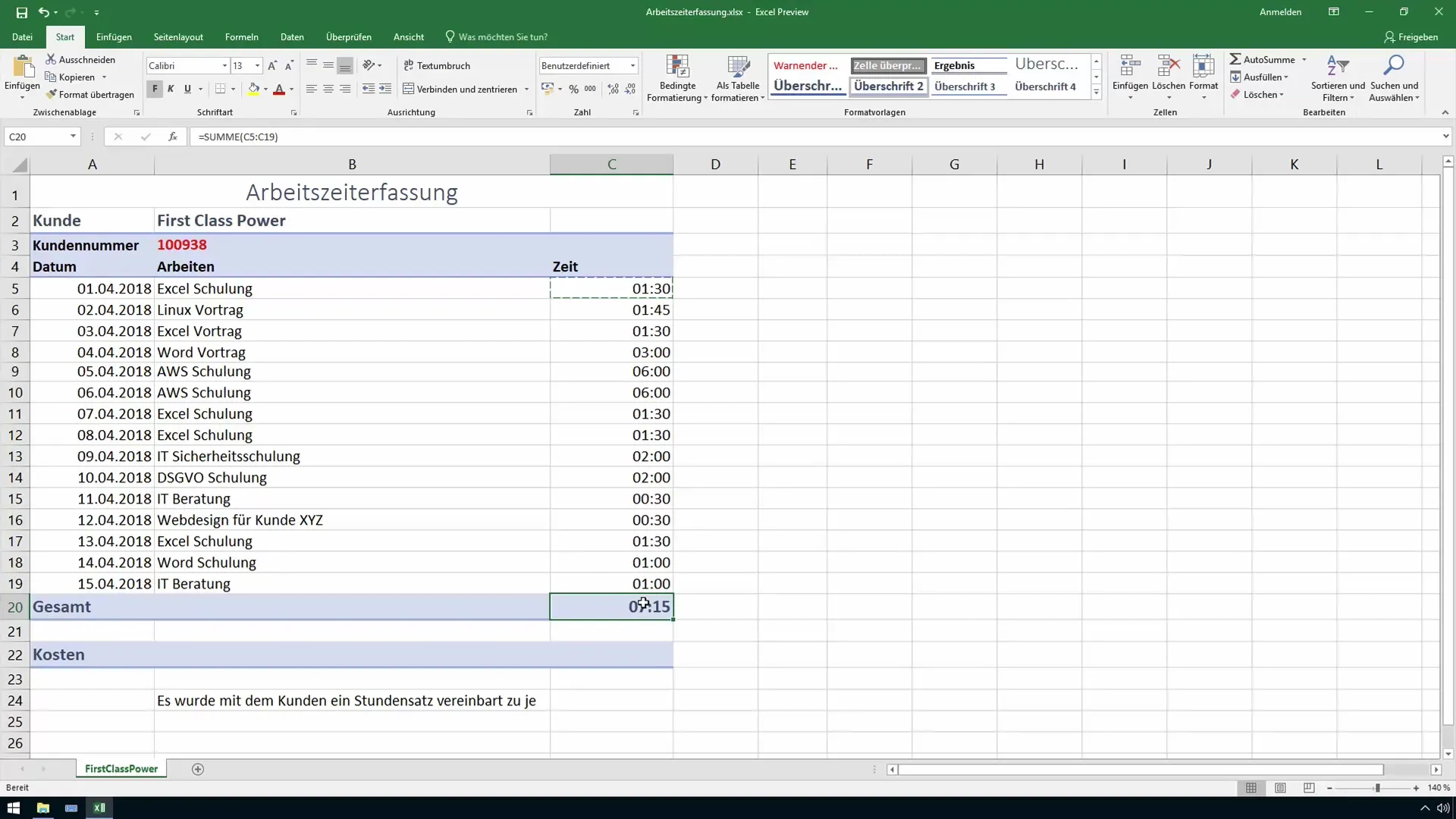 Suivi du temps de travail dans Excel - Addition correcte des heures