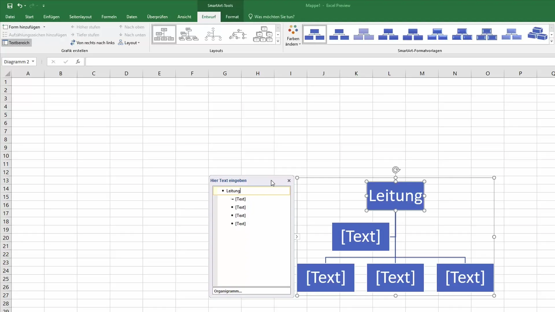 Opprett organisasjonsdiagram i Excel - Effektiv metode med SmartArt