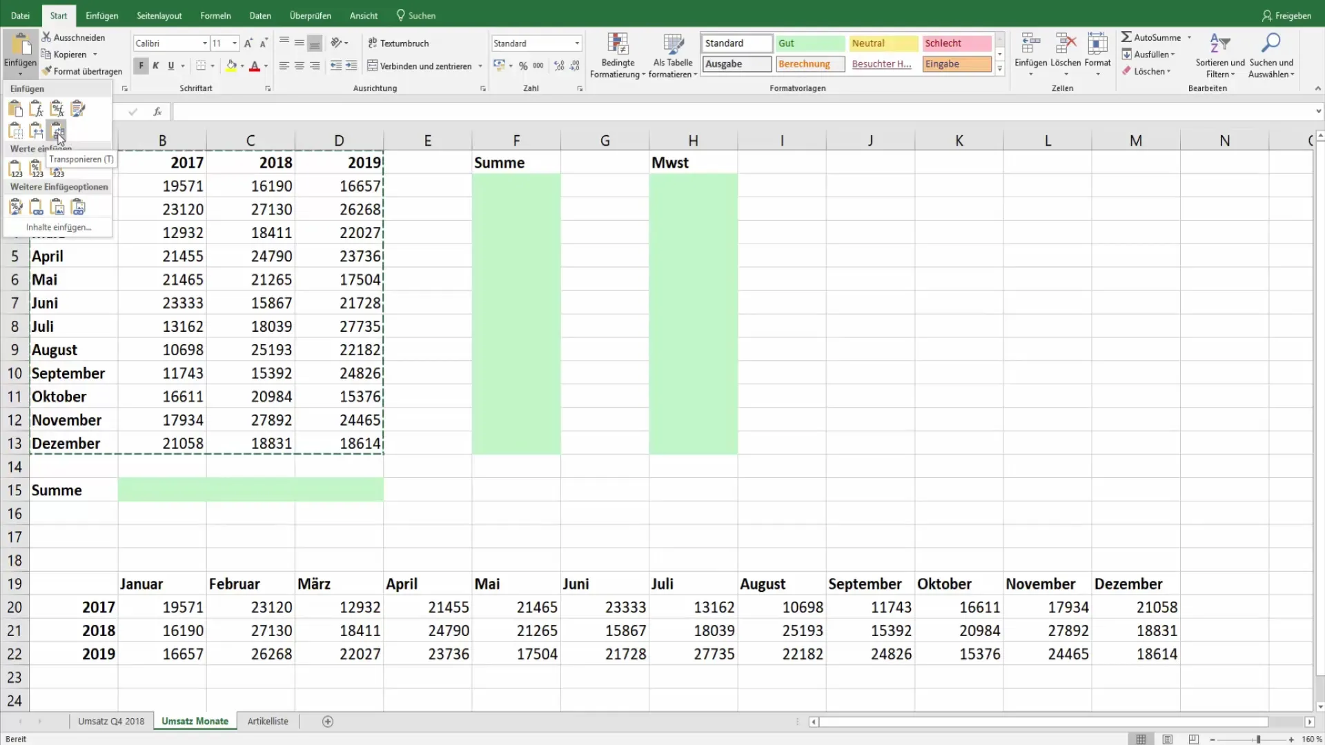 Урок по Excel: Ефективно транспониране на данни