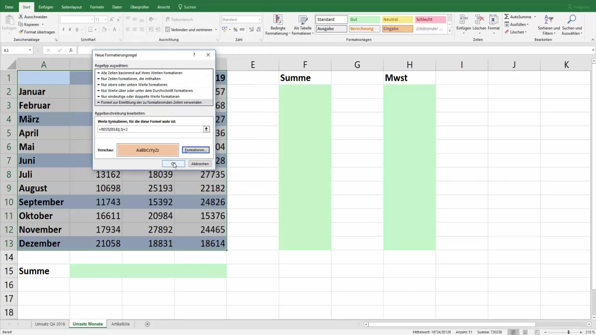 Excel: Her iki satırı da renklendirme