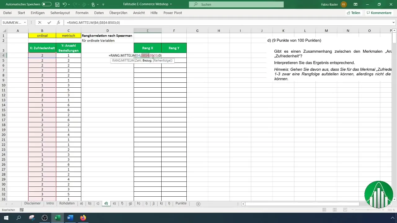 Calculation of the Spearman rank correlation in Excel