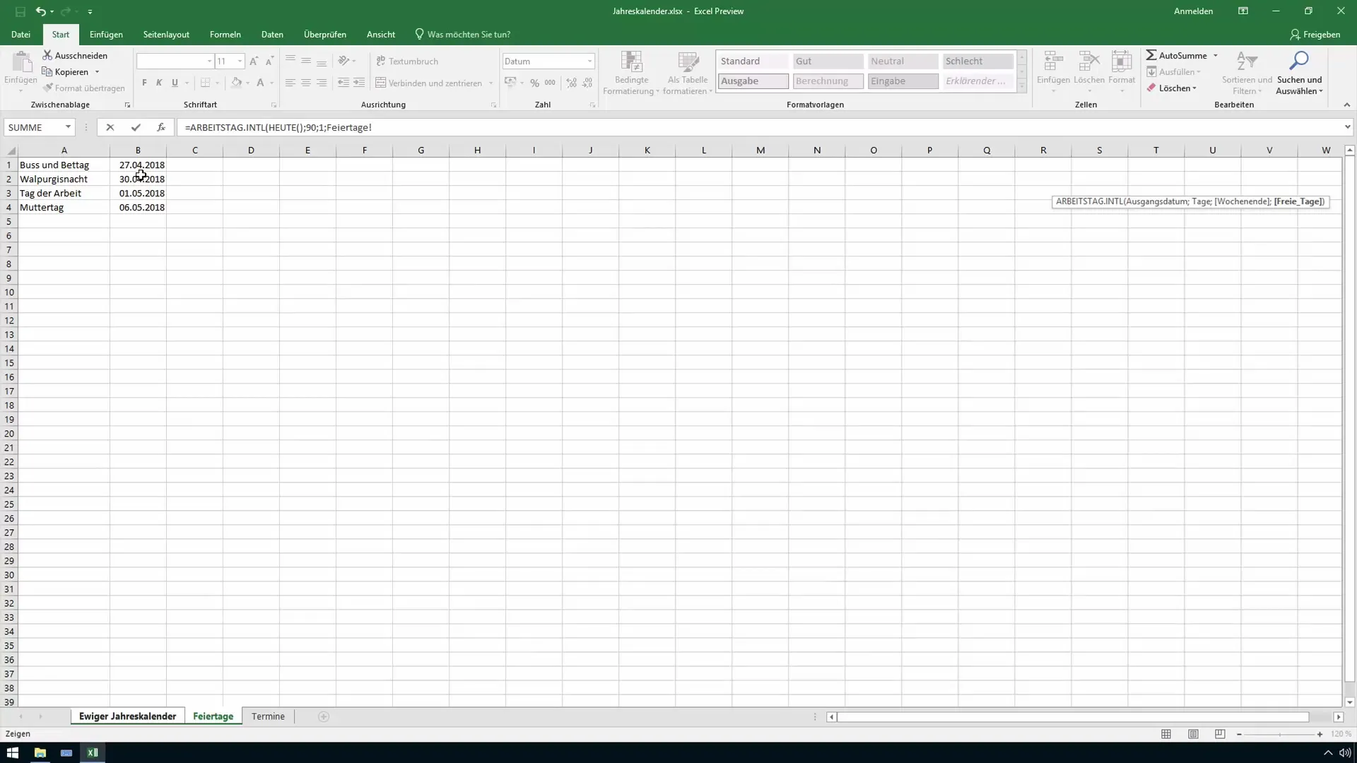 Calcul des données futures dans Excel