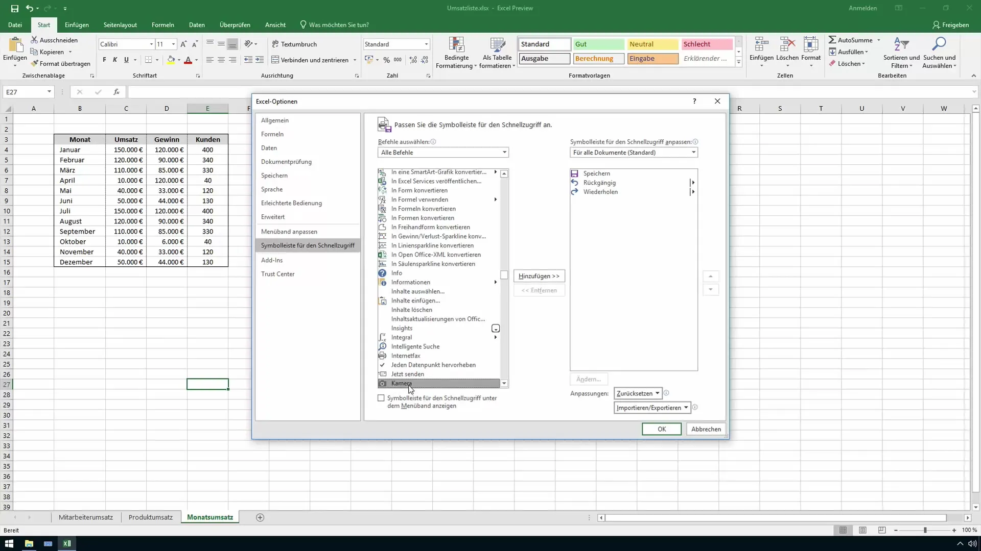 Utilizar a função de câmara no Excel - instruções para relatórios