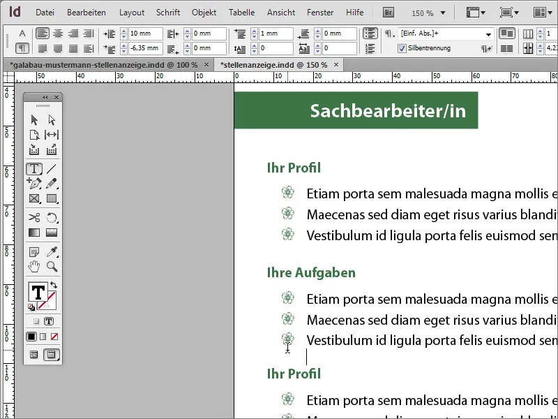 Oblikujte oglas za delovno mesto v programu Adobe InDesign.