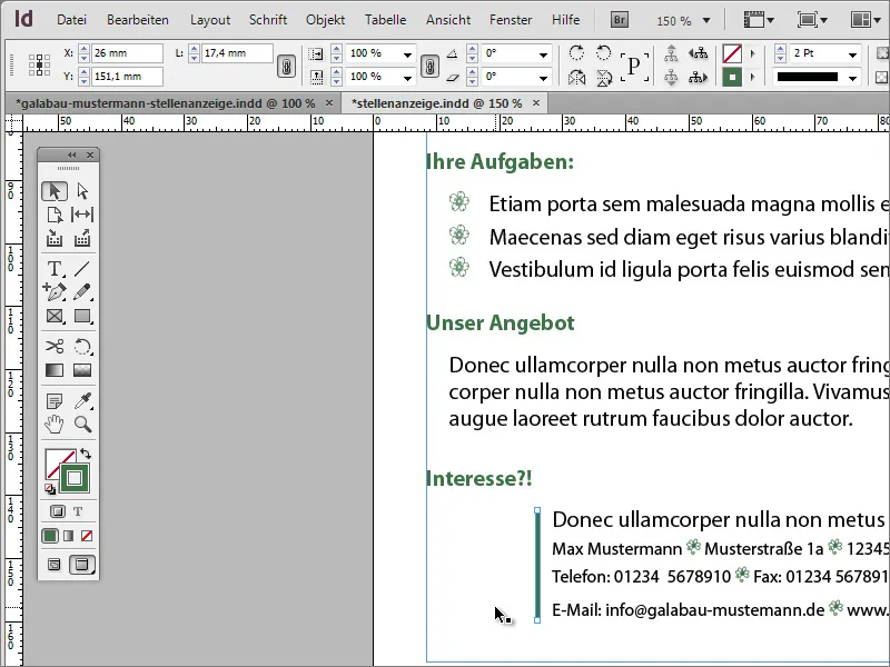 Oblikujte oglas za delovno mesto v programu Adobe InDesign.