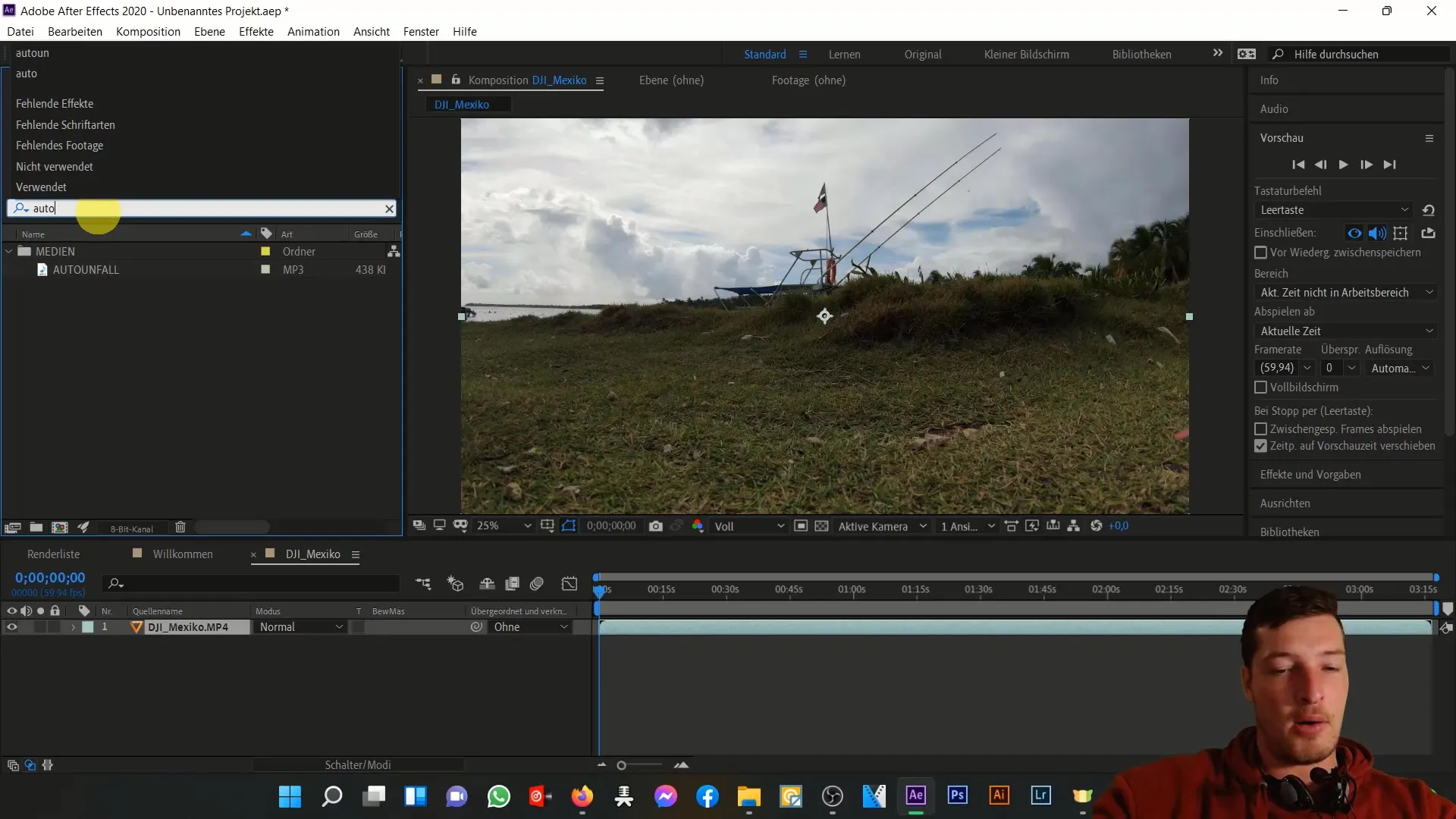 Gambaran umum tentang area proyek di After Effects