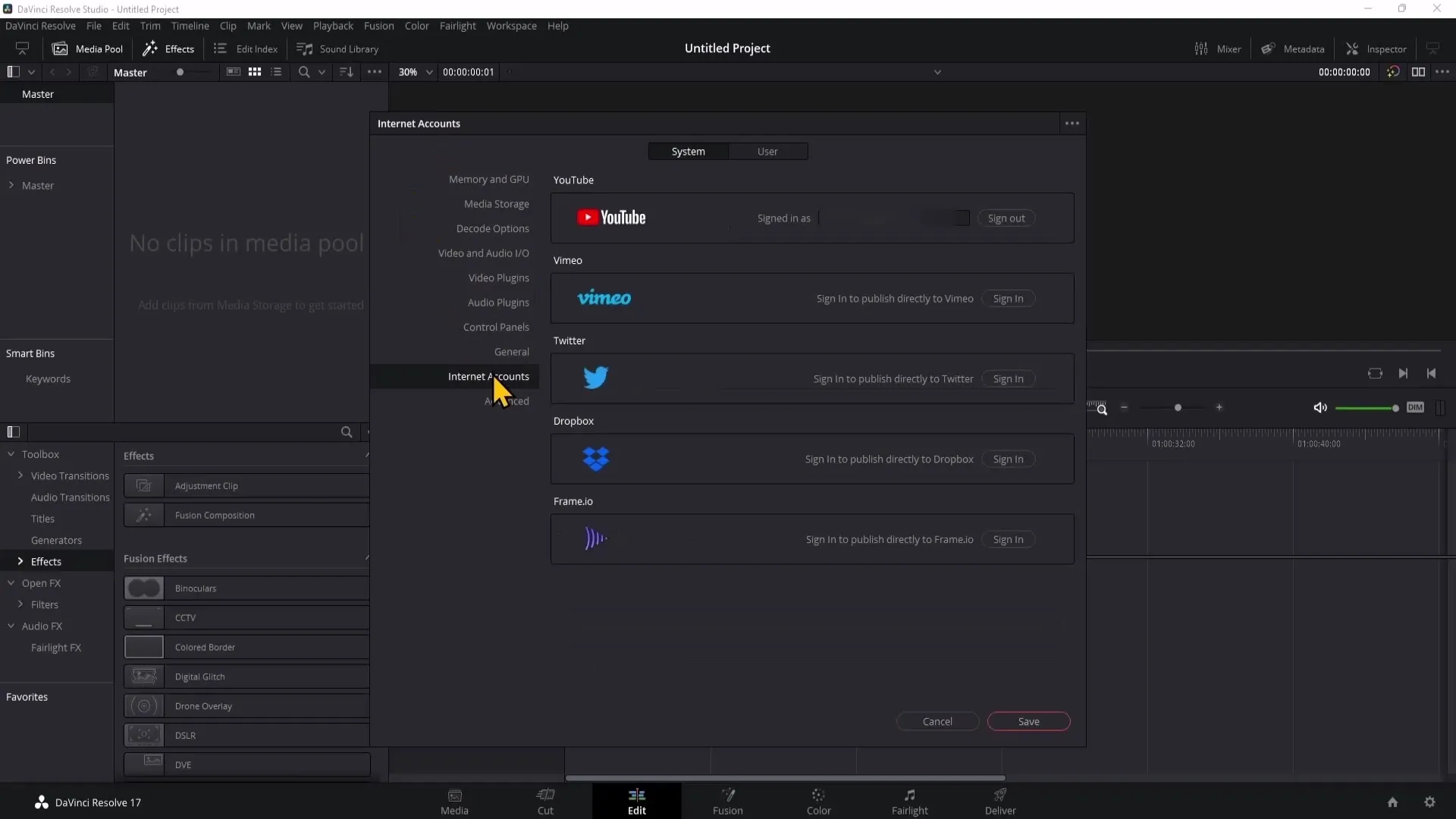 Menghubungkan DaVinci Resolve dan saluran YouTube untuk mengunggah dengan mudah