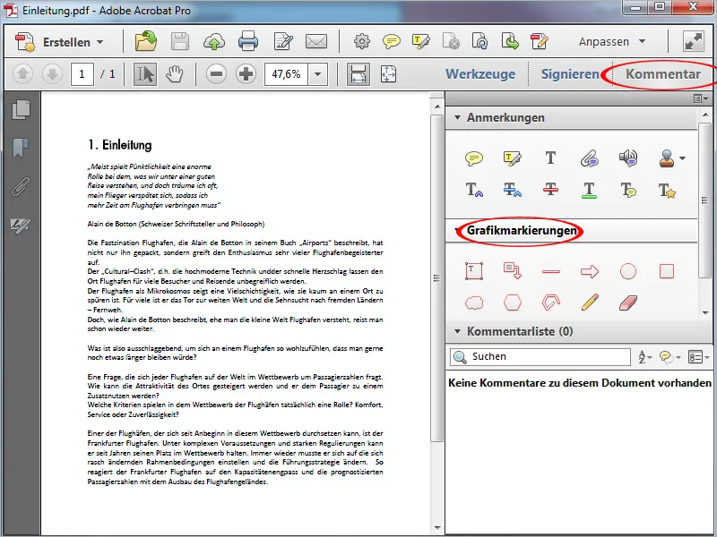 Graphic marking tools in Acrobat, export and import comments