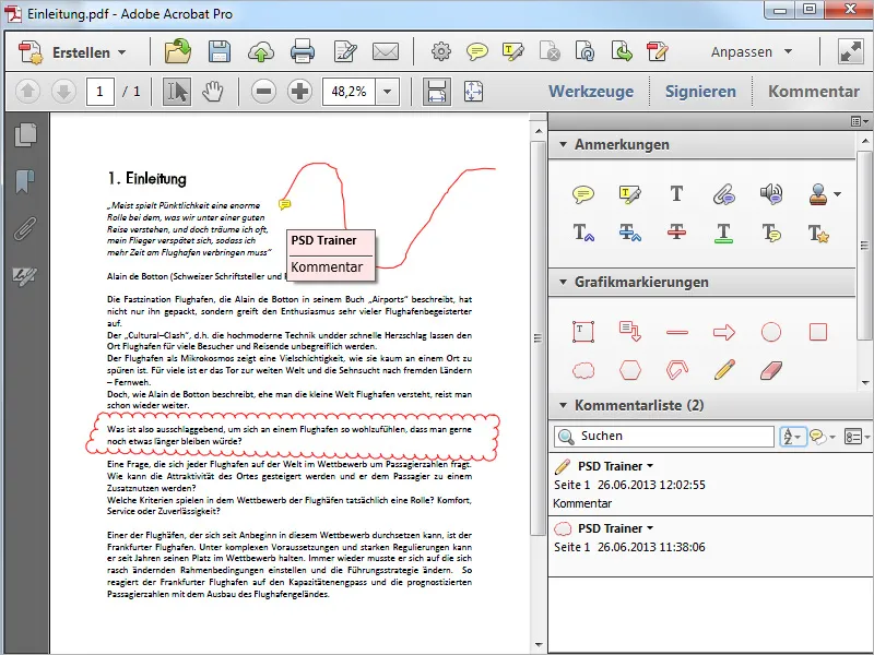 Herramientas de marcado gráfico en Acrobat, exportación e importación de comentarios