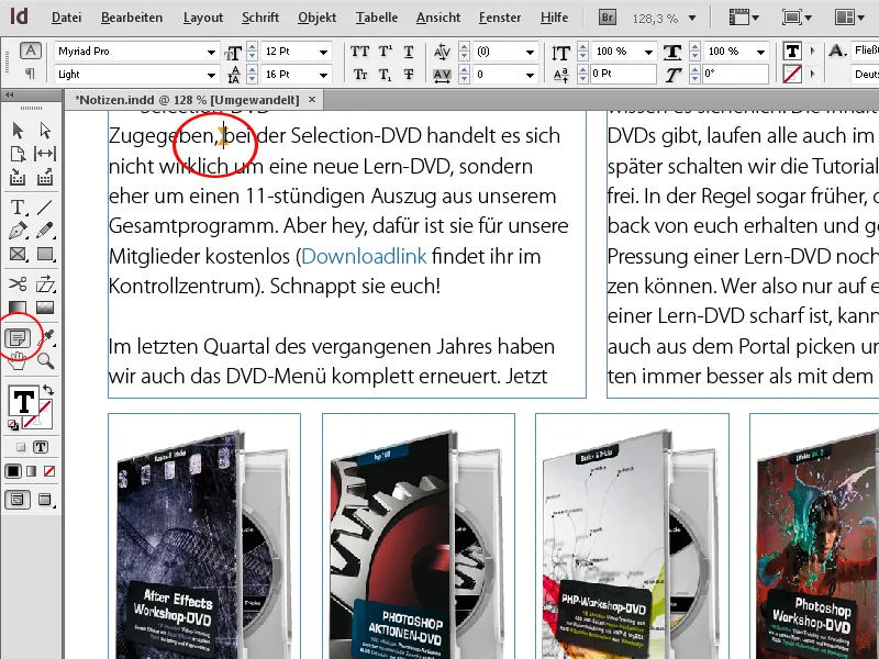 Piezīmju rīks programmā InDesign