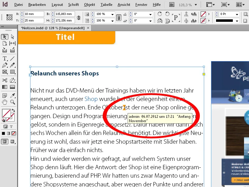 Piezīmju rīks programmā InDesign