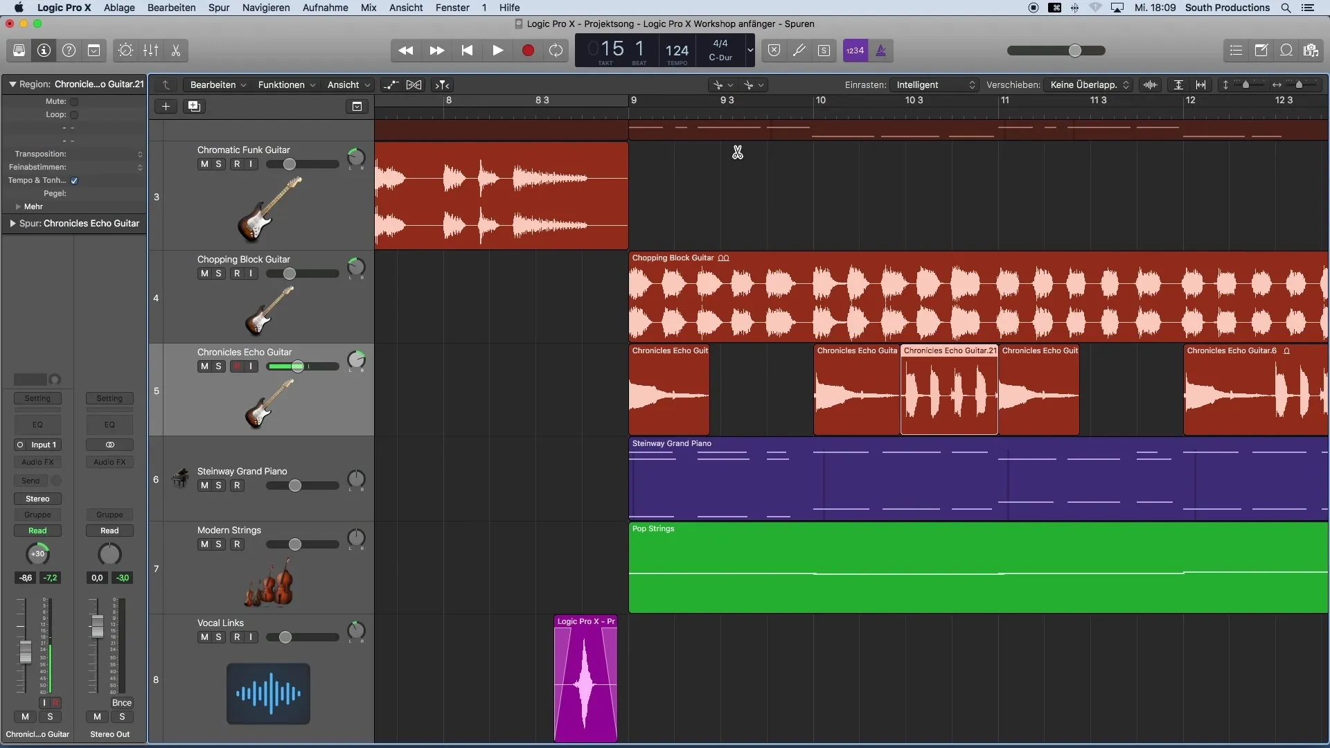 Přizpůsobit efektivně hlasitostní poměry v Logic Pro X