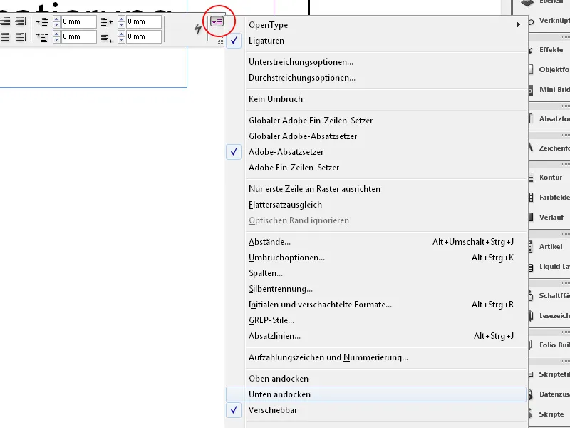 Die Steuerungspalette in InDesign