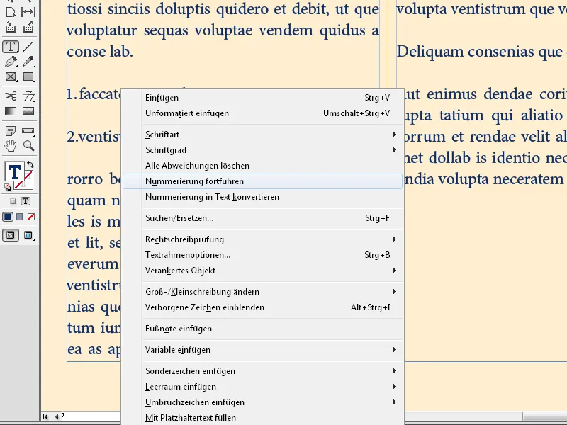 Kontekstni meni v programu InDesign