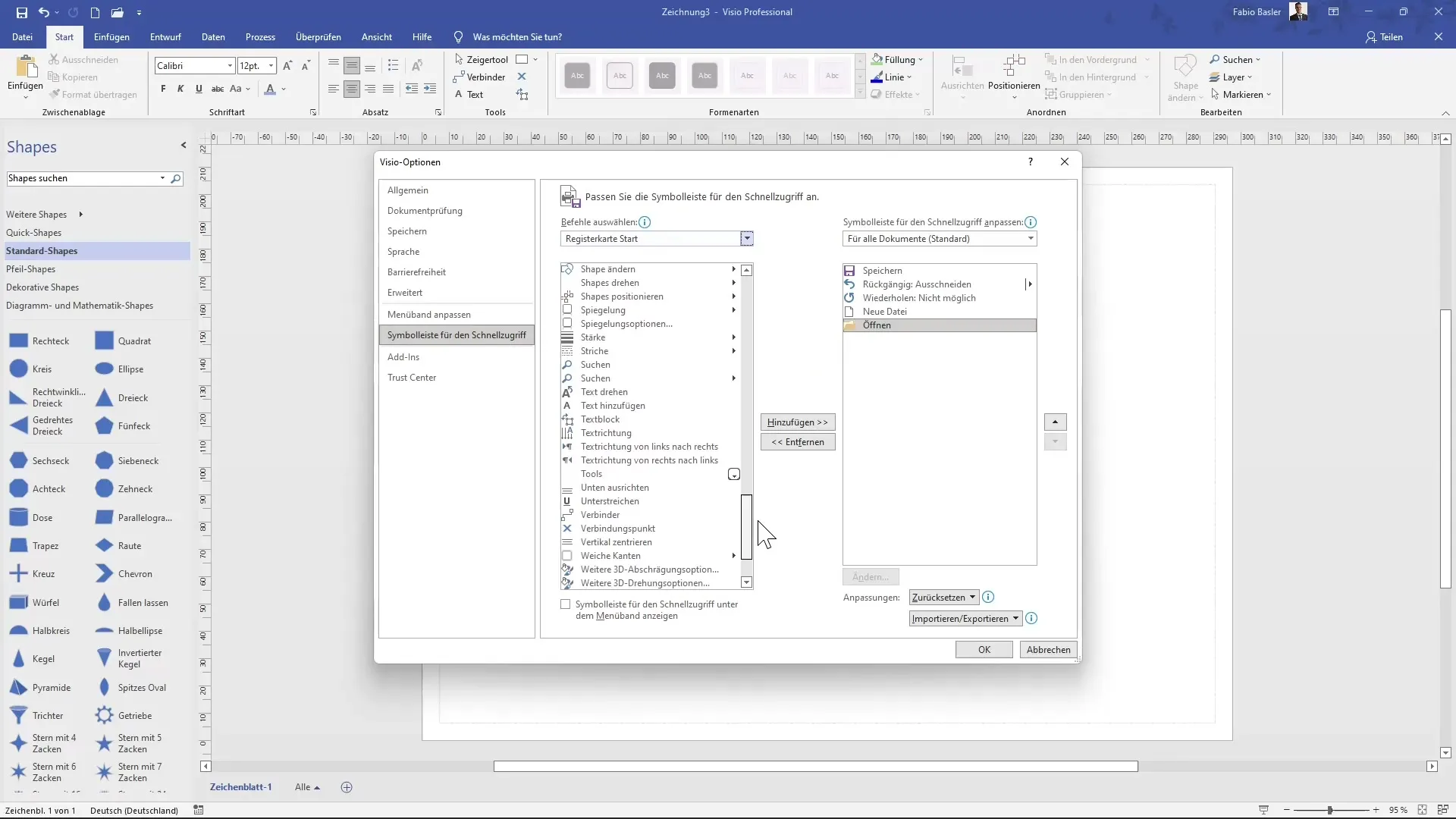 Ātrās piekļuves optimāla pielāgošana MS Visio lietojumprogrammā