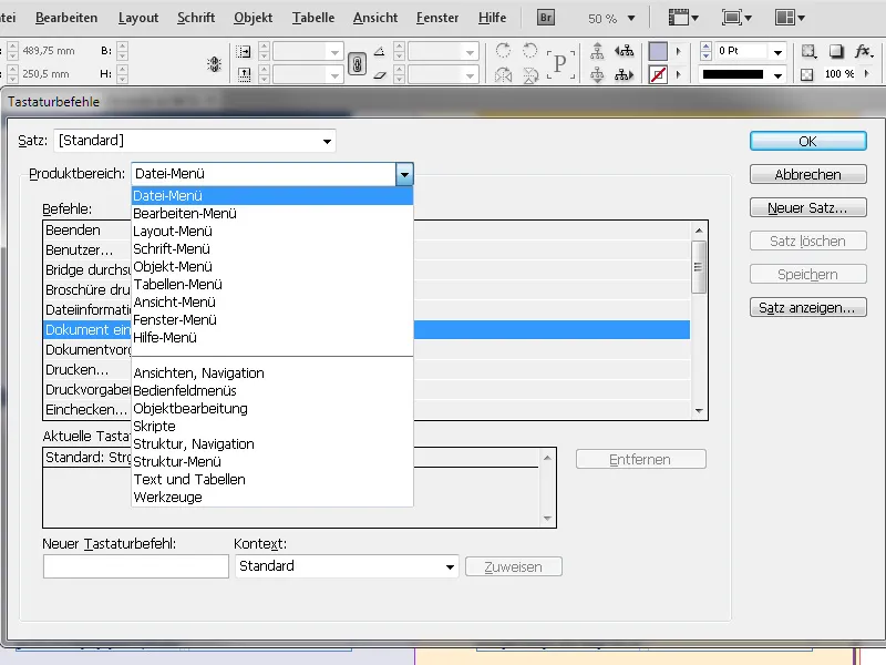 Tastaturbefehle in InDesign