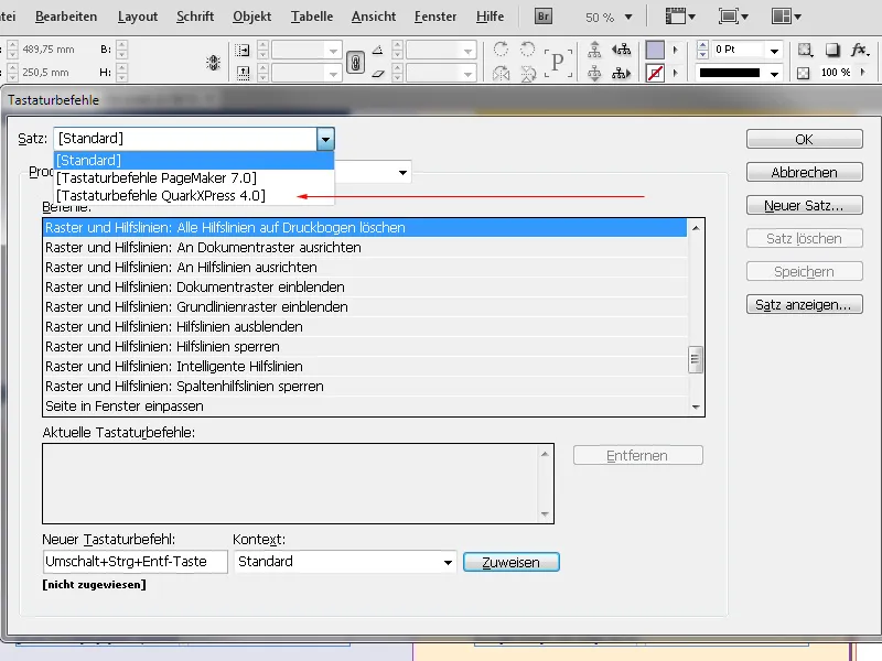 Tastaturbefehle in InDesign