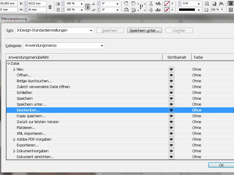 Benutzerdefinierte Menüs und Paletten in InDesign