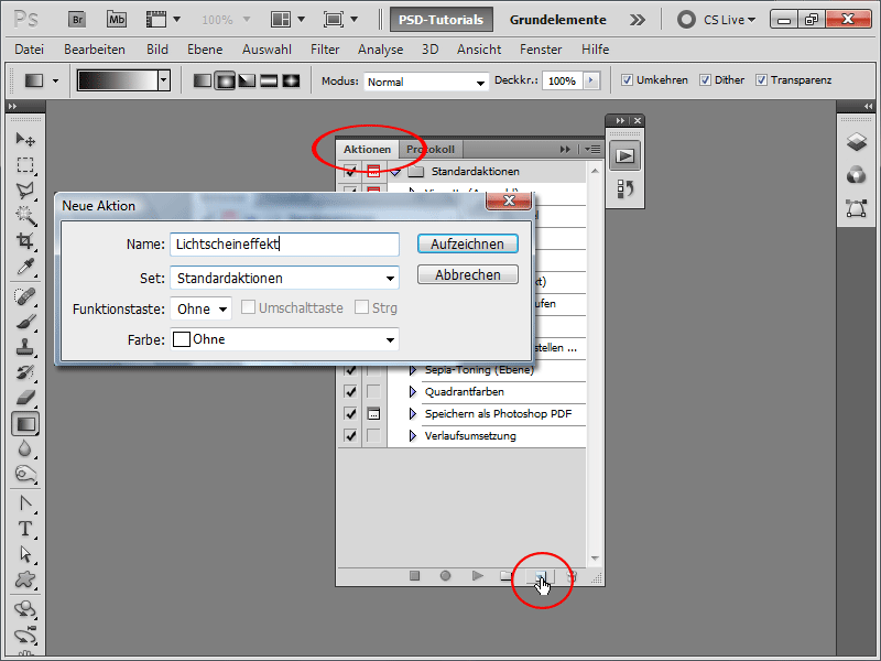 Lichtscheineffekt als Aktion aufnehmen