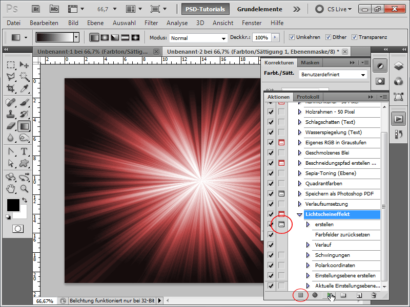 Lichtscheineffekt als Aktion aufnehmen