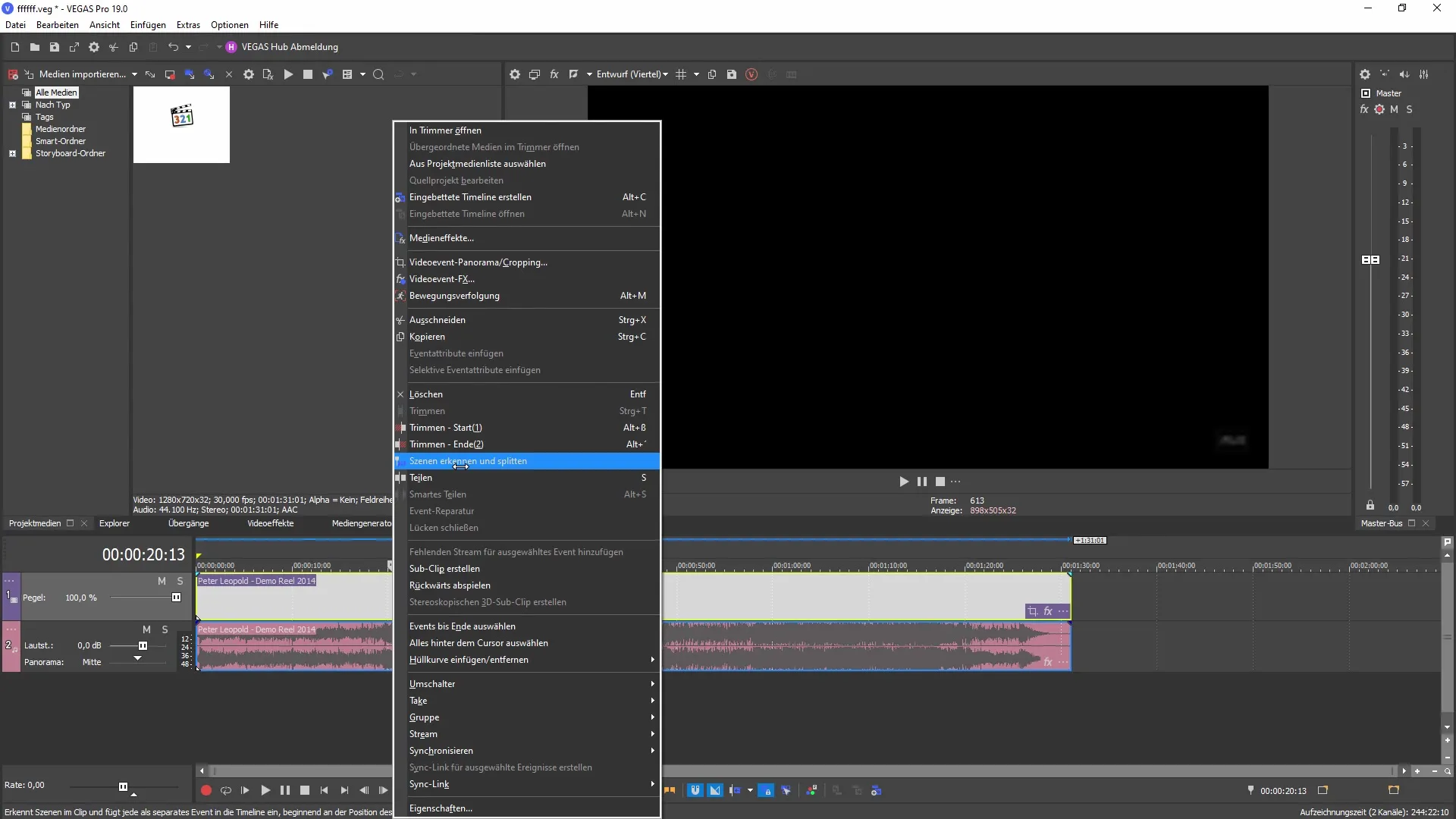 Automatinio scenos atpažinimo naudojimas programoje "VEGAS Pro 19