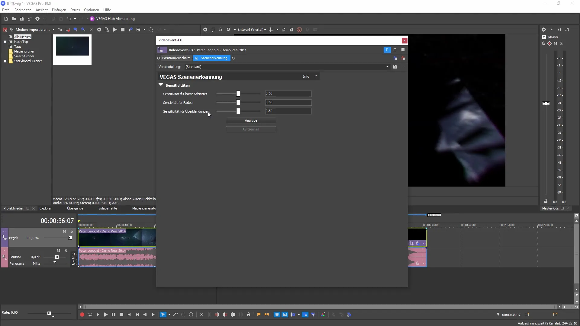 Automatinio scenos atpažinimo naudojimas programoje "VEGAS Pro 19