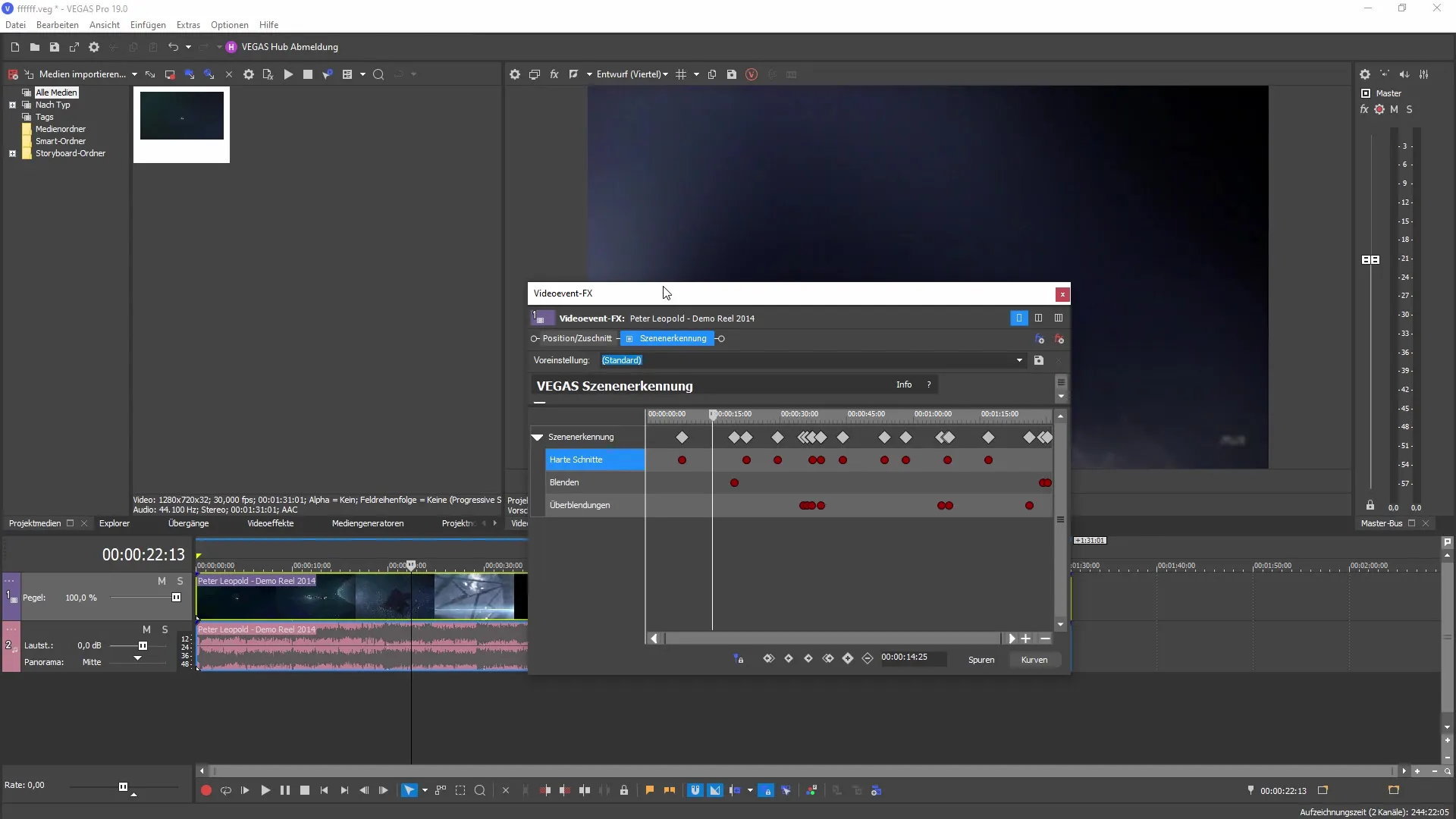 Automatinio scenos atpažinimo naudojimas programoje "VEGAS Pro 19