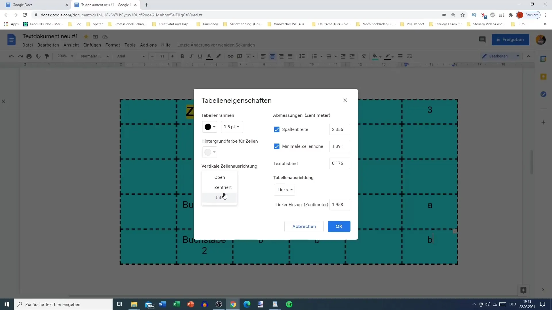 Paramètres avancés du tableau dans Google Docs