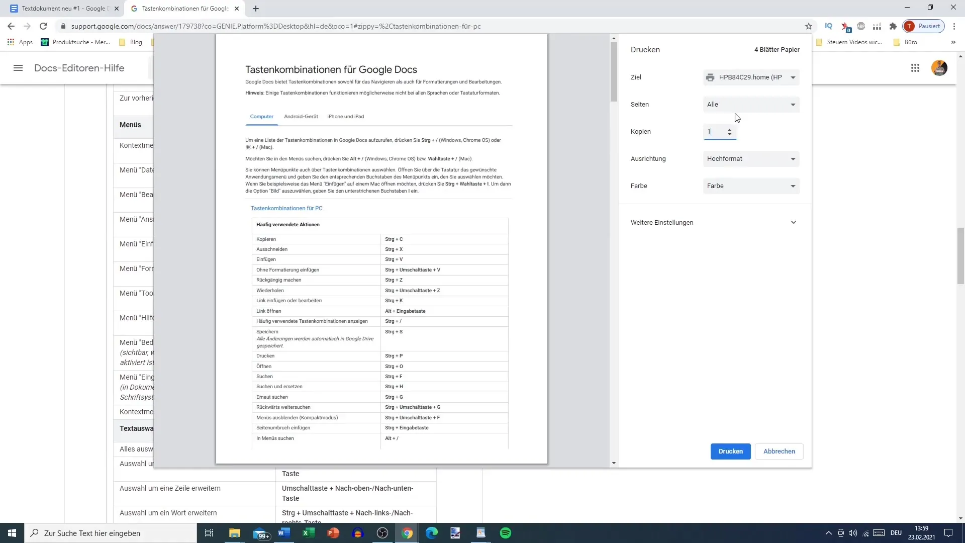 Perintah keyboard yang penting dalam Google Docs