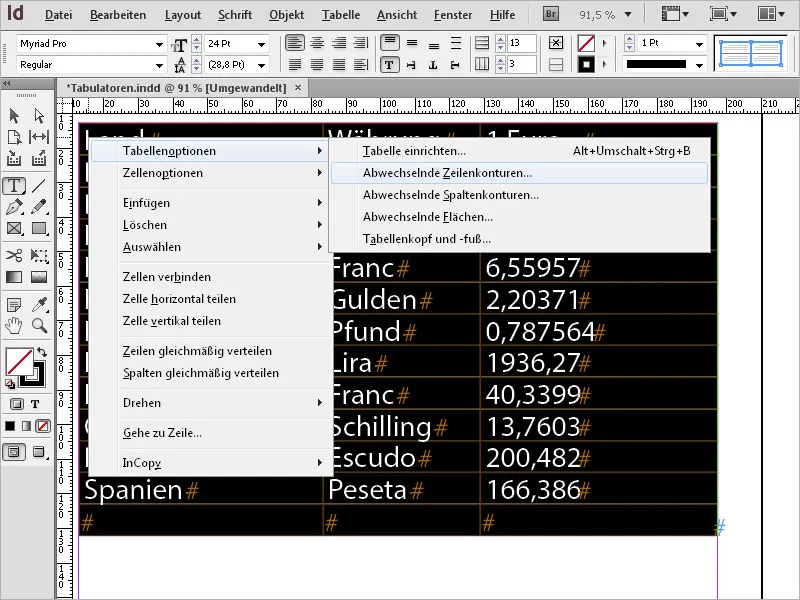 Zavihki in tabele v programu InDesign