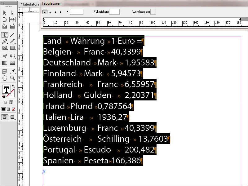 Using tabulators and tables in Adobe InDesign