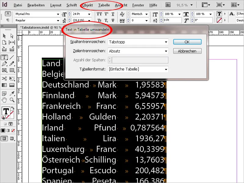 Tabulas un tabulas programmā InDesign