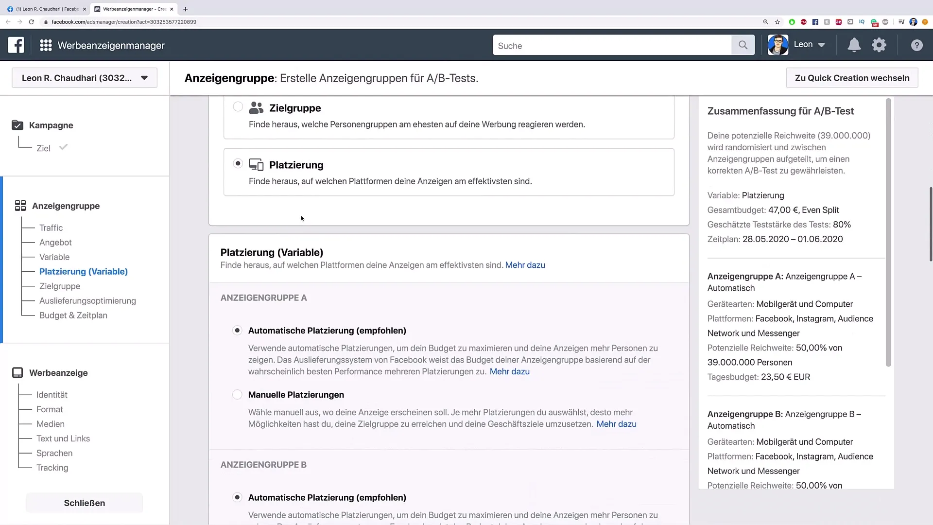 Optimize placement split test for customer acquisition