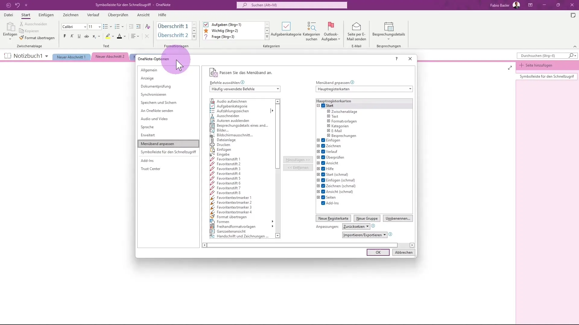 Optimally customize the menu bar in Microsoft OneNote