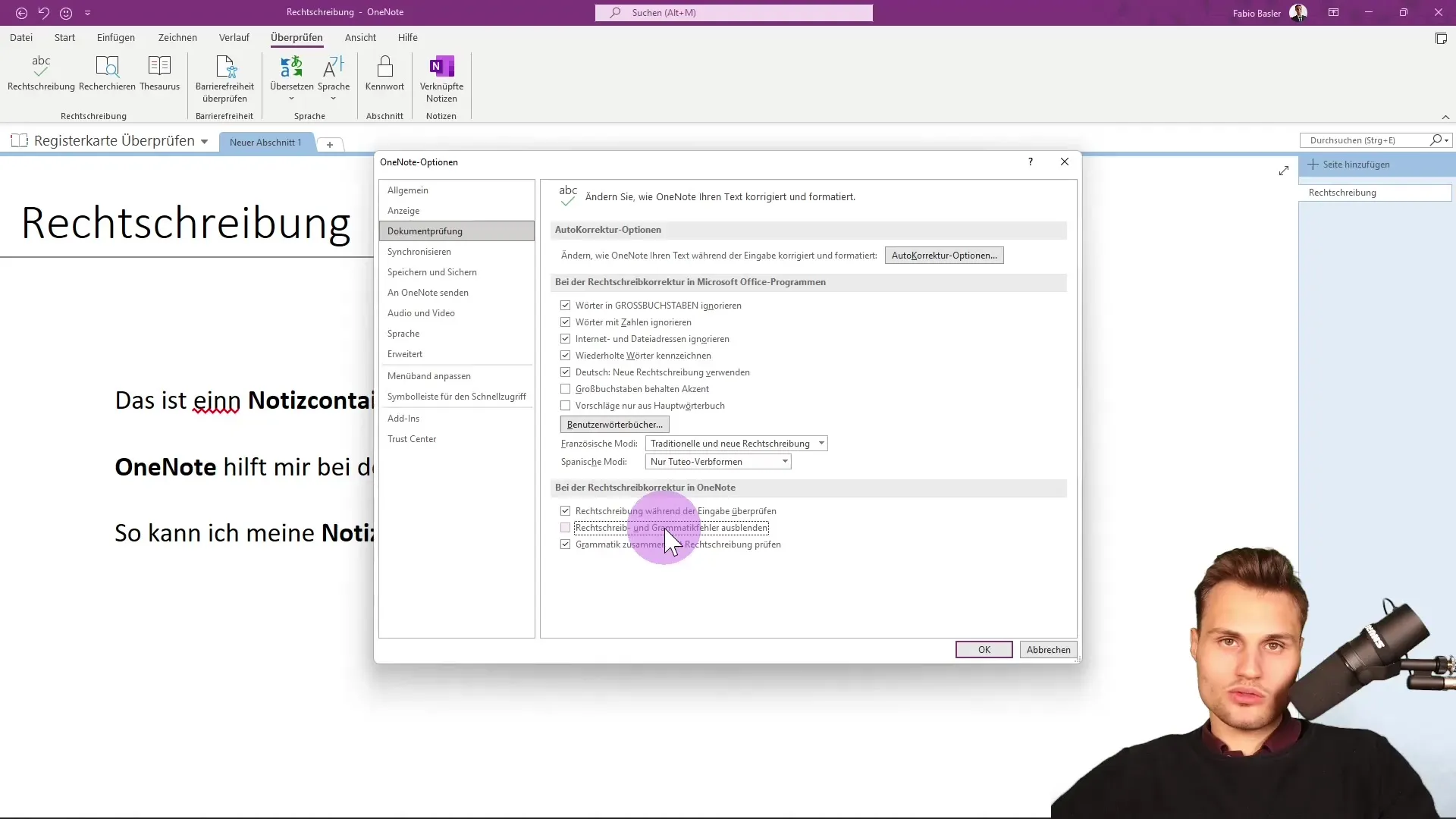 Optimizing OneNote spelling for error-free texts