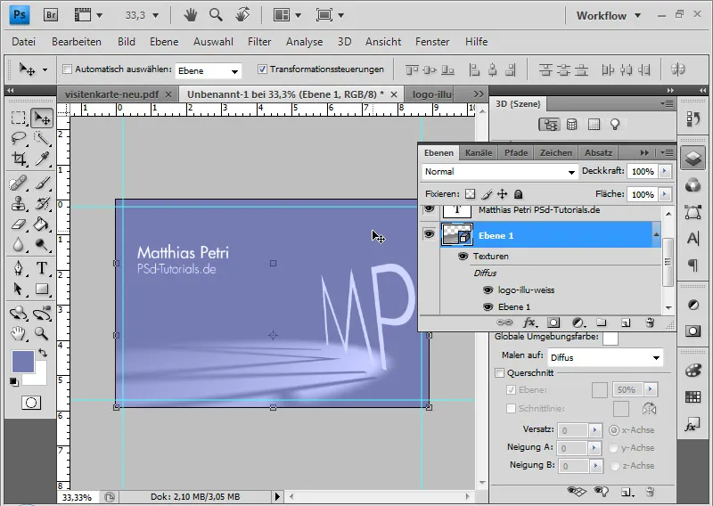 Vytvorte vizitku s 3D svetelným a tieňovým efektom v programe Photoshop