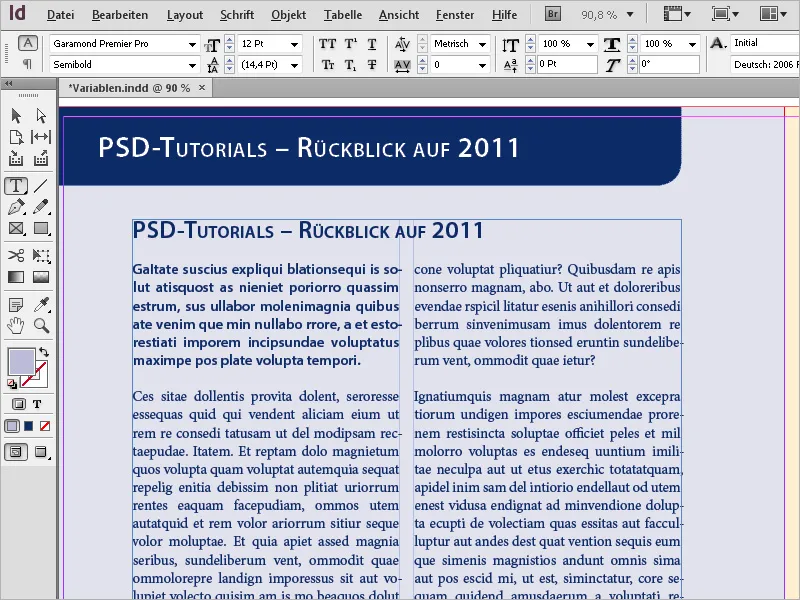 Arbeit mit Variablen und lebenden Kolumnentiteln in InDesign