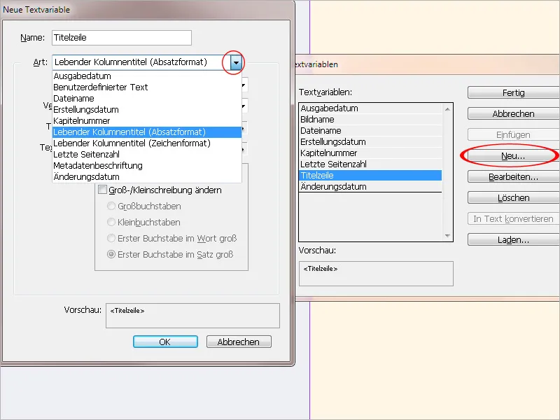 Arbeit mit Variablen und lebenden Kolumnentiteln in InDesign