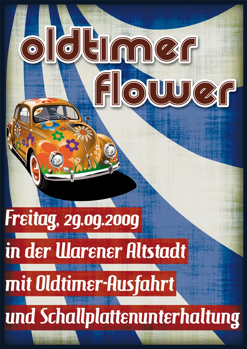 Flyerdesign v retro-špinavom vzhľade: Flower-Power zraz starých áut - od návrhu po tlač