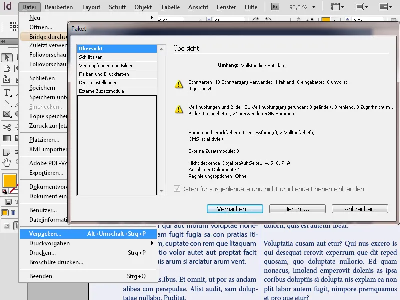 Preflightcheck, verknüpfte Schriften und Bilder prüfen, Farben kontrollieren, Dokument verpacken in InDesign