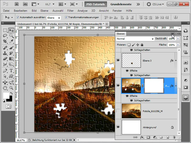 Puzzle feito a partir de uma fotografia com peças de puzzle removidas em duas versões